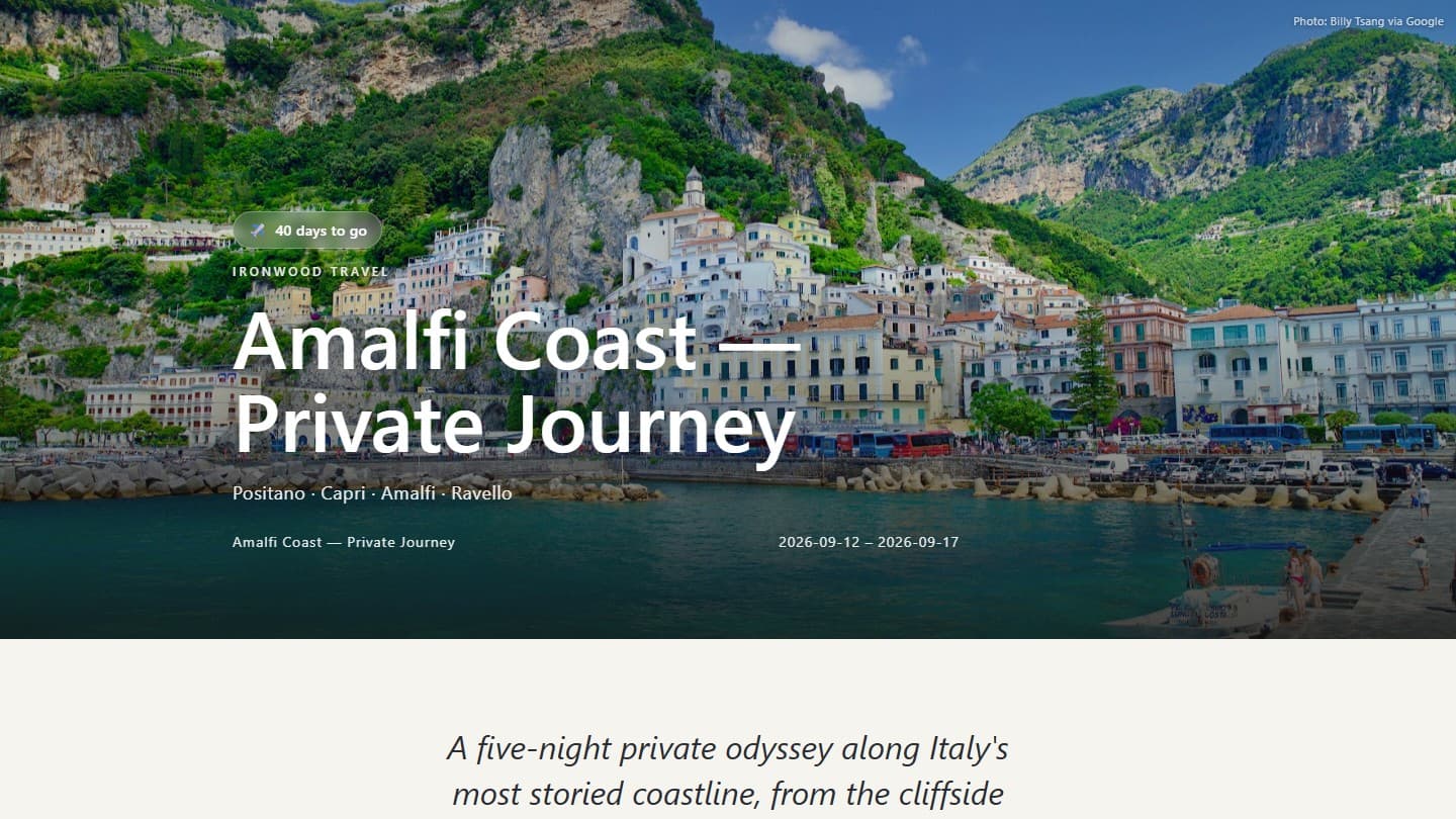 An Ivory Maps itinerary page for a private Amalfi Coast journey: a full-bleed photograph of the Amalfi coastline, the agency's own name above the trip title, the four stops, the travel dates, and the opening lines of the written introduction.